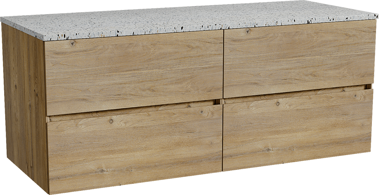 Storke Edge meuble salle de bains suspendu 130 x 52 cm chêne brut avec Tavola tablette simple ou double en blanc/noir mat terrazzo