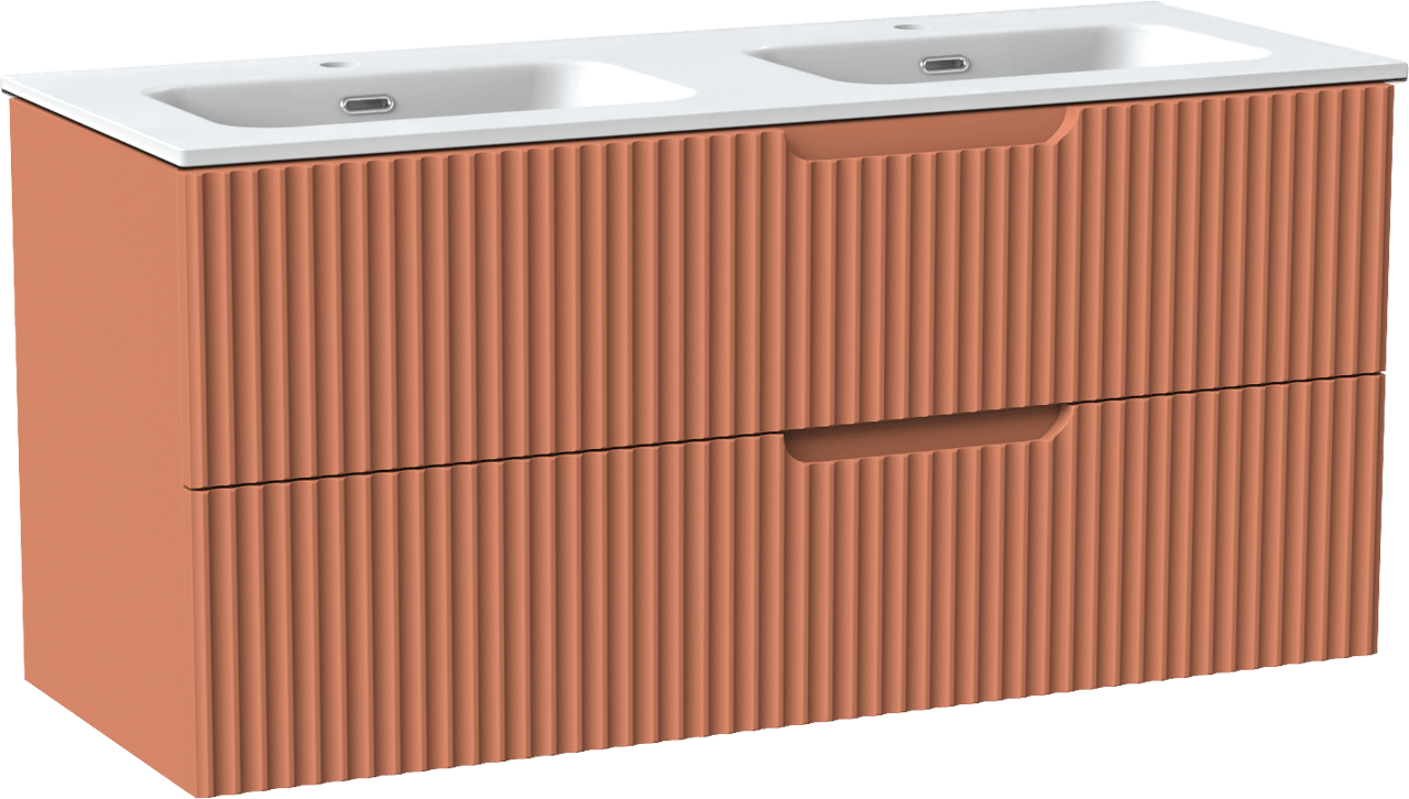 Linie Ribbo zwevend badmeubel 120 x 46 cm cotto met Baro dubbele wastafel in porselein mat wit, Verticale symmetrische ronde ribbel