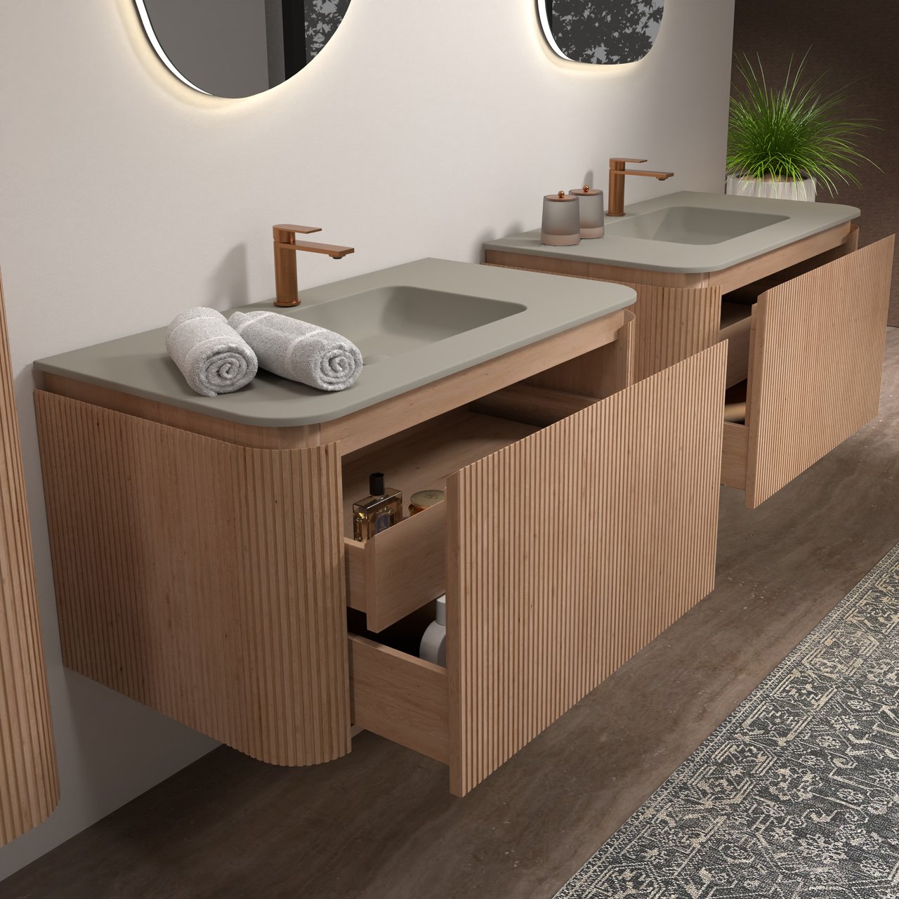 Balmani Moon hängendes Möbelstück Set: 100 x 55 cm, Naturbelassene Eiche, mit Moon Einzelwaschtisch, Top Solid, Seidengrau, Vertikale symmetrische gerade Rippe