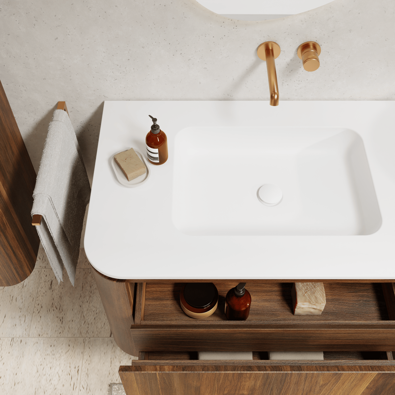 Balmani Moon zwevend badkamermeubel 160 x 55 cm amerikaanse notelaar met Moon dubbele wastafel in solid surface mat wit