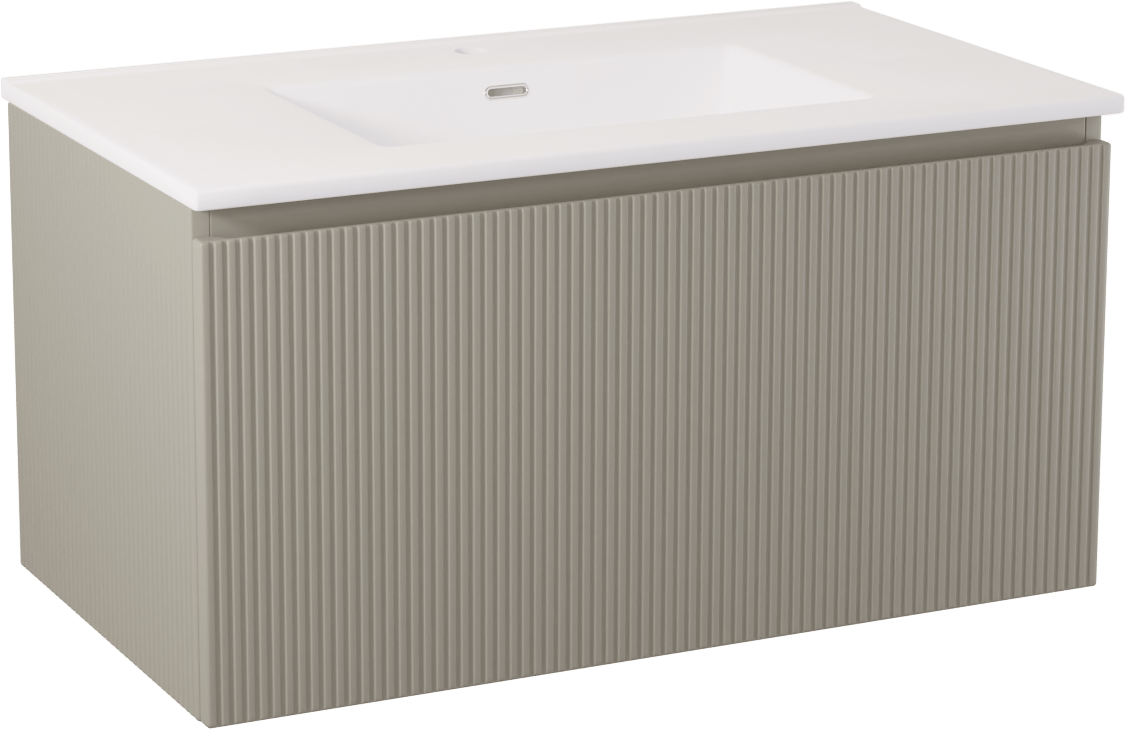 Storke Ribs zwevend badkamermeubel 95 x 52 cm zijdegrijs met Kera enkele wastafel in porselein mat wit, inclusief crepine