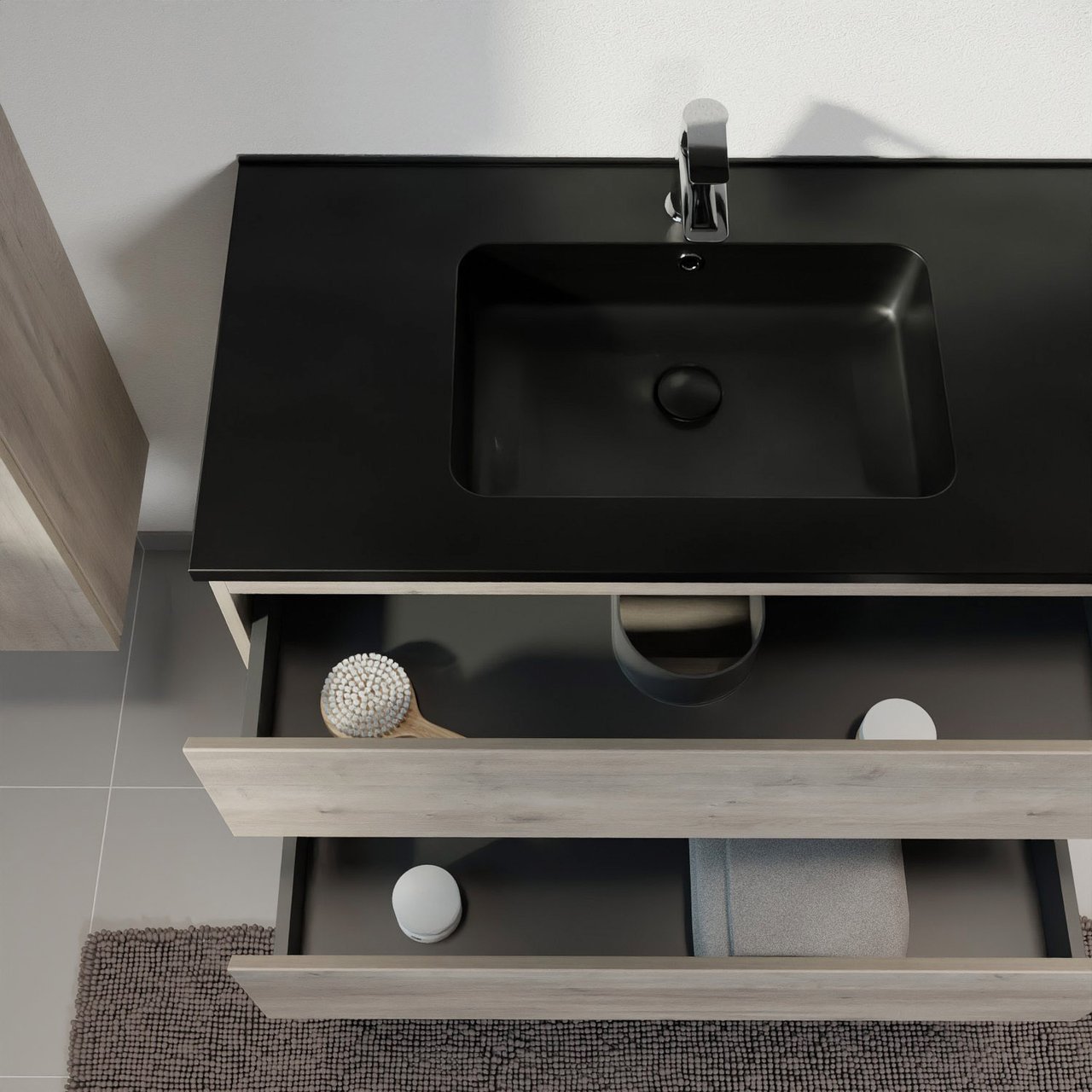 Linie Lado zwevend badkamermeubel 100 x 46 cm grijze eik met Vano enkele wastafel in composietmarmer mat zwart