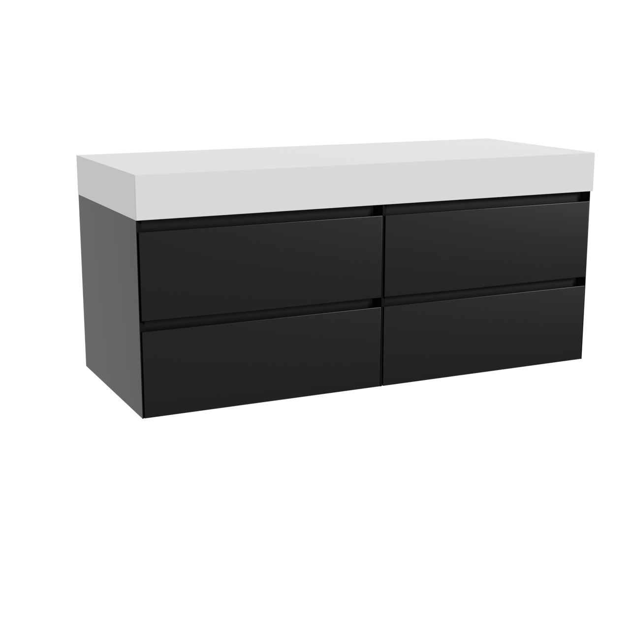 Balmani Mitra hängendes Möbelstück Set: 135 x 55 cm, Schwarz matt, mit Dominus Einzel- oder Doppel Waschtischplatte, Solid Surface Weiß matt