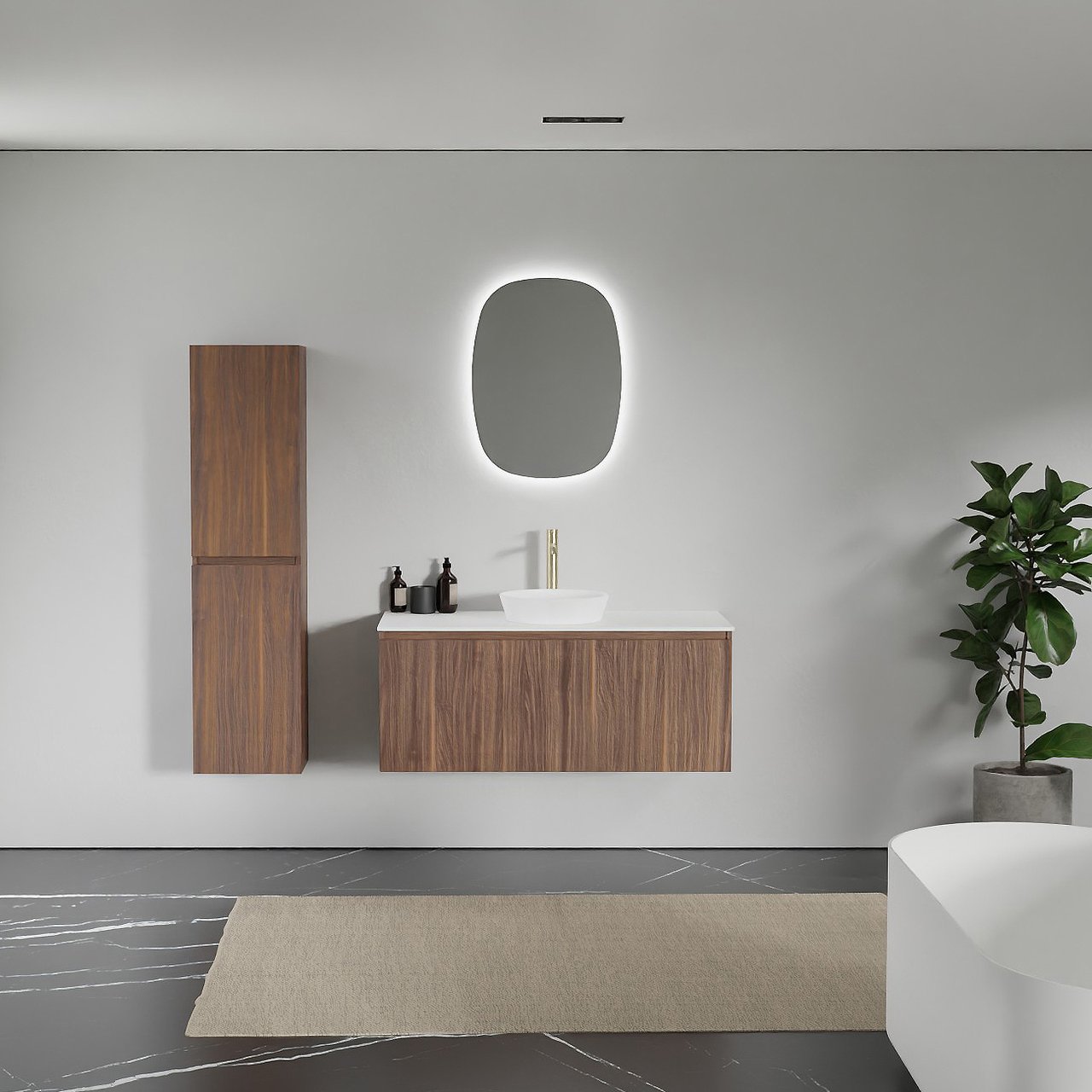 Balmani Sfera zwevend badkamermeubel 120 x 55 cm amerikaanse notelaar met Stretto enkel of dubbel tablet in solid surface mat wit