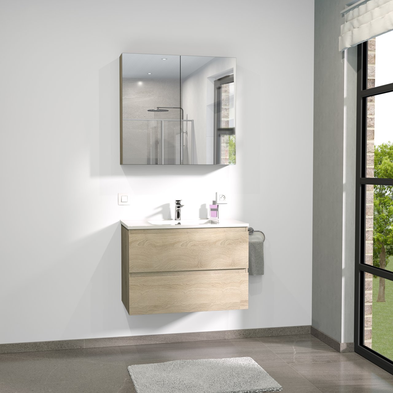 Linie Montro Spiegelschrank Bad: 80 x 75 cm, Eiche Weiß