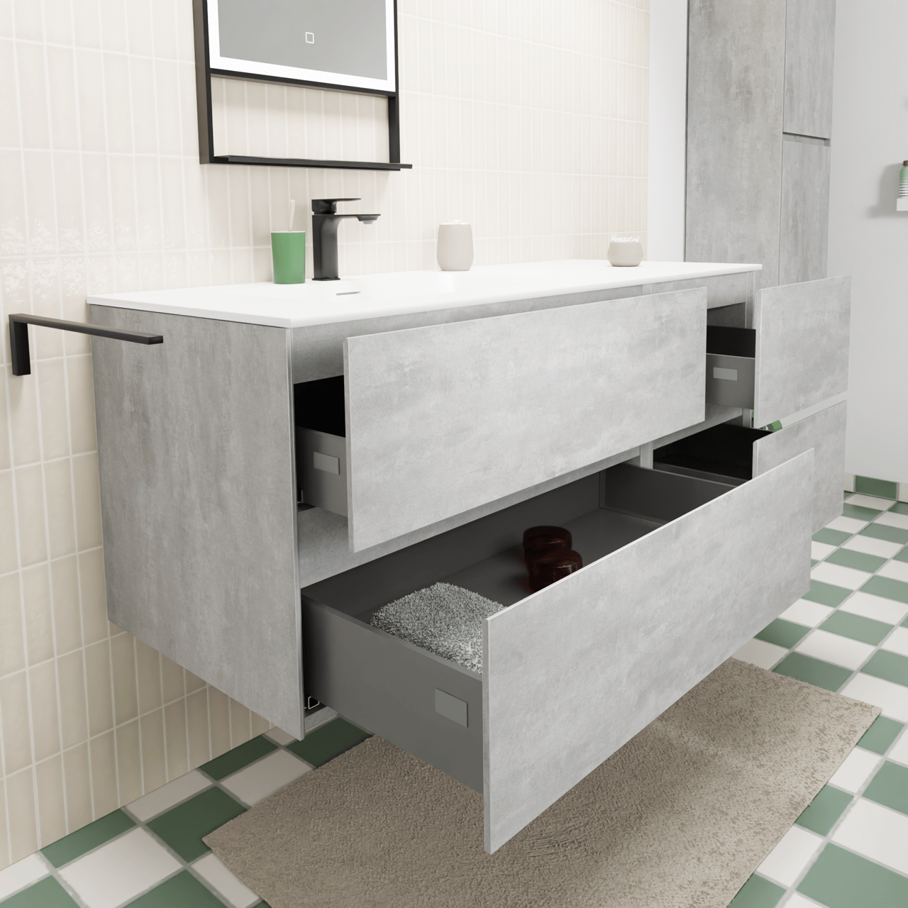 Storke Edge meuble salle de bains suspendu 130 x 52 cm béton gris foncé avec Mata plan vasque asymétrique à gauche en solid surface blanc mat