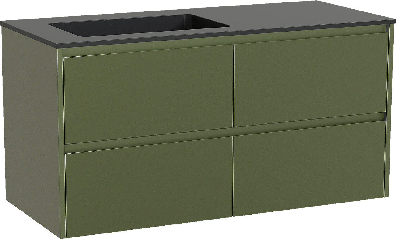 Storke Seda zwevend badmeubel 120 x 52 cm olijfgroen met Scuro asymmetrisch linkse wastafel in kwarts mat zwart