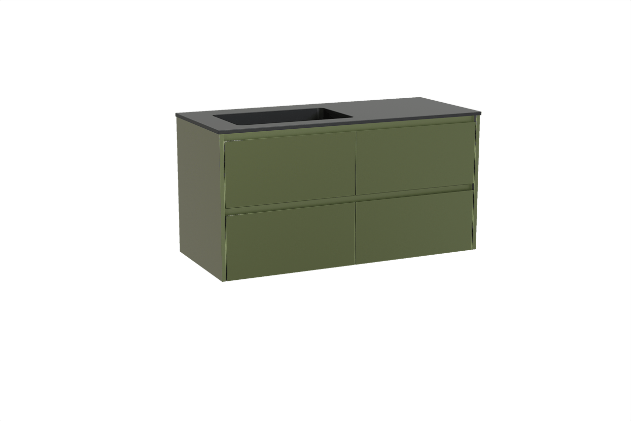 Storke Seda hängendes Möbelstück Set: 120 x 52 cm, OlivgrÃ¼n, mit Scuro Waschtisch links, Quarz Schwarz matt