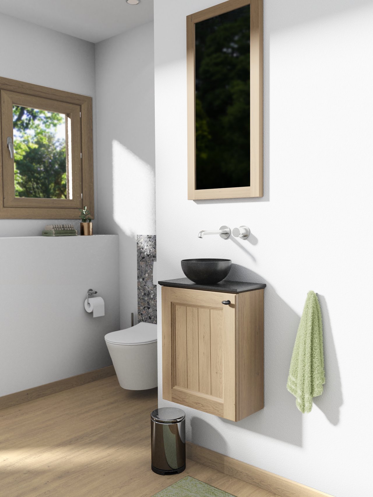 Balmani Lemon zwevend toiletmeubel 42 x 21 cm verweerd eiken met Facetta wastafelblad en Bari waskom in verzoete graniet