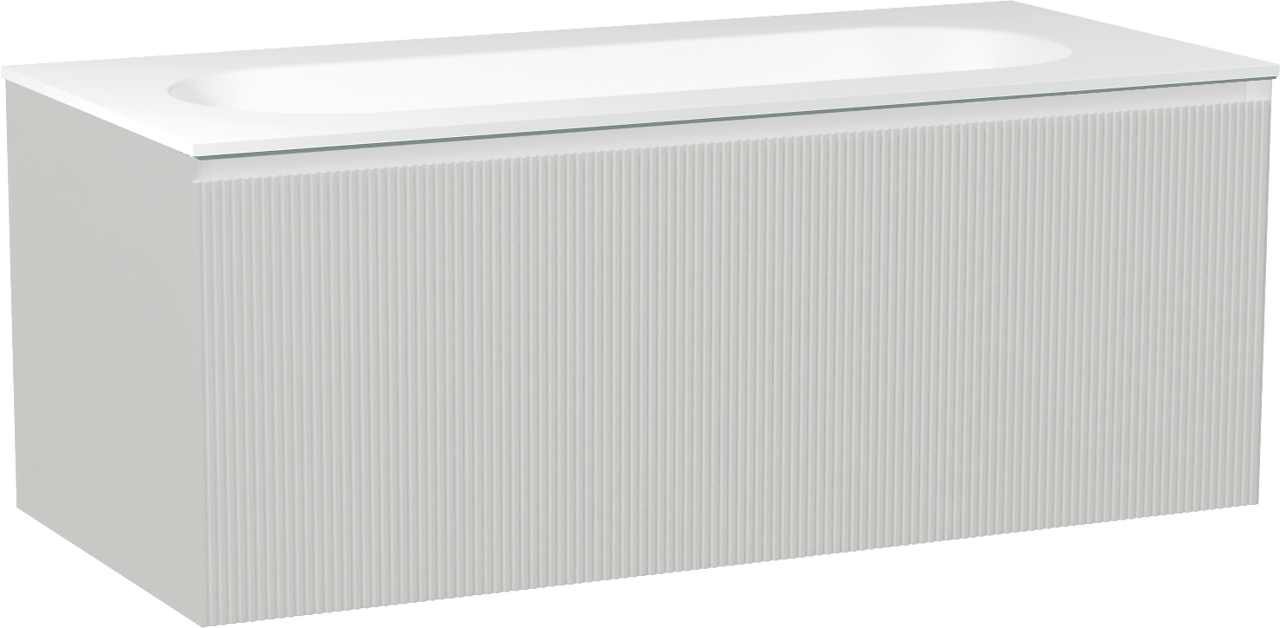 Balmani Fila zwevend badkamermeubel 120 x 55 cm mat wit met Tablo Oval enkele wastafel voor 2 kraangaten in solid surface mat wit, Verticale symmetrische rechte ribbel