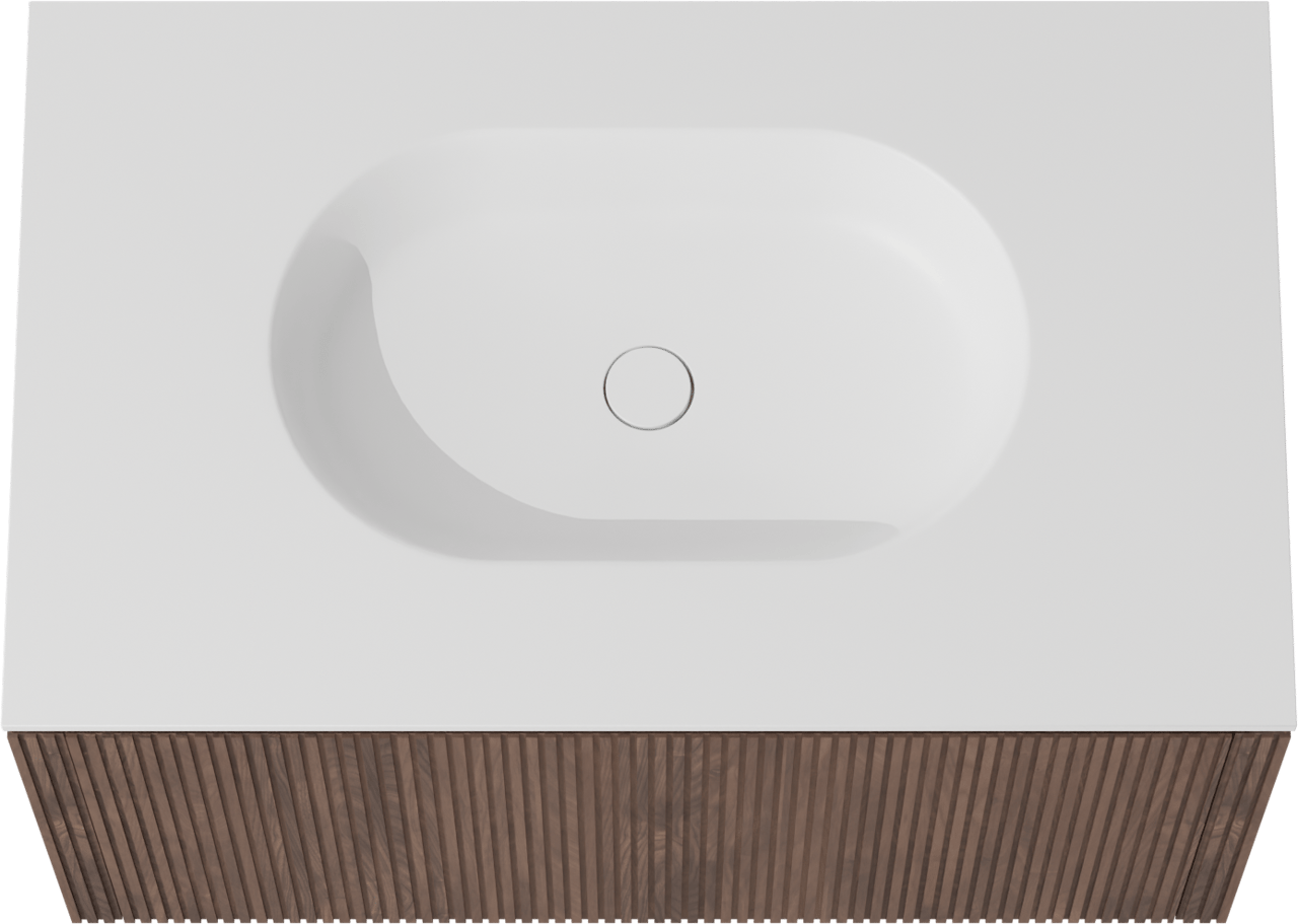 Balmani Eclips meuble salle de bains suspendu 90 x 55 cm Noyer américain avec Tablo Oval plan simple en Solid Surface blanc mat, Nervure droite symétrique verticale