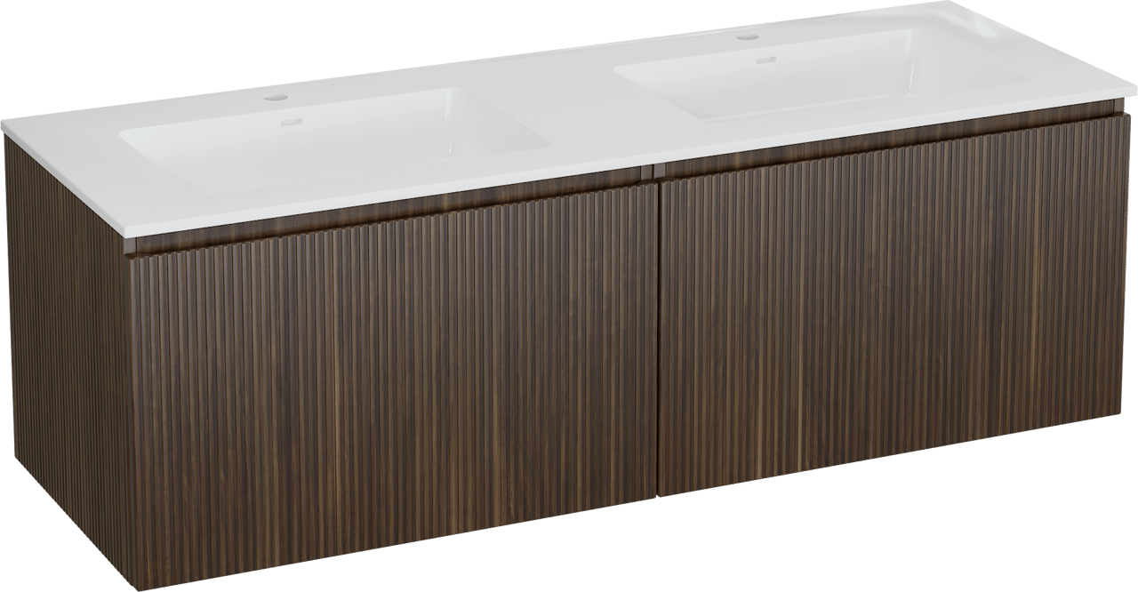 Storke Ribs zwevend badkamermeubel 150 x 52 cm notelaar met Bilia dubbele wastafel in composietmarmer glanzend wit, Verticale symmetrische rechte ribbel