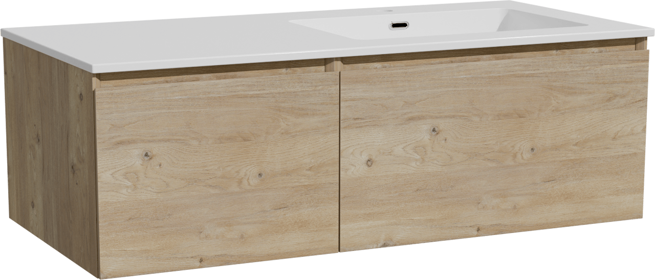 Storke Edge meuble salle de bains suspendu 110 x 52 cm chêne brut avec Diva plan vasque asymétrique à droite en marbre composite blanc brillant