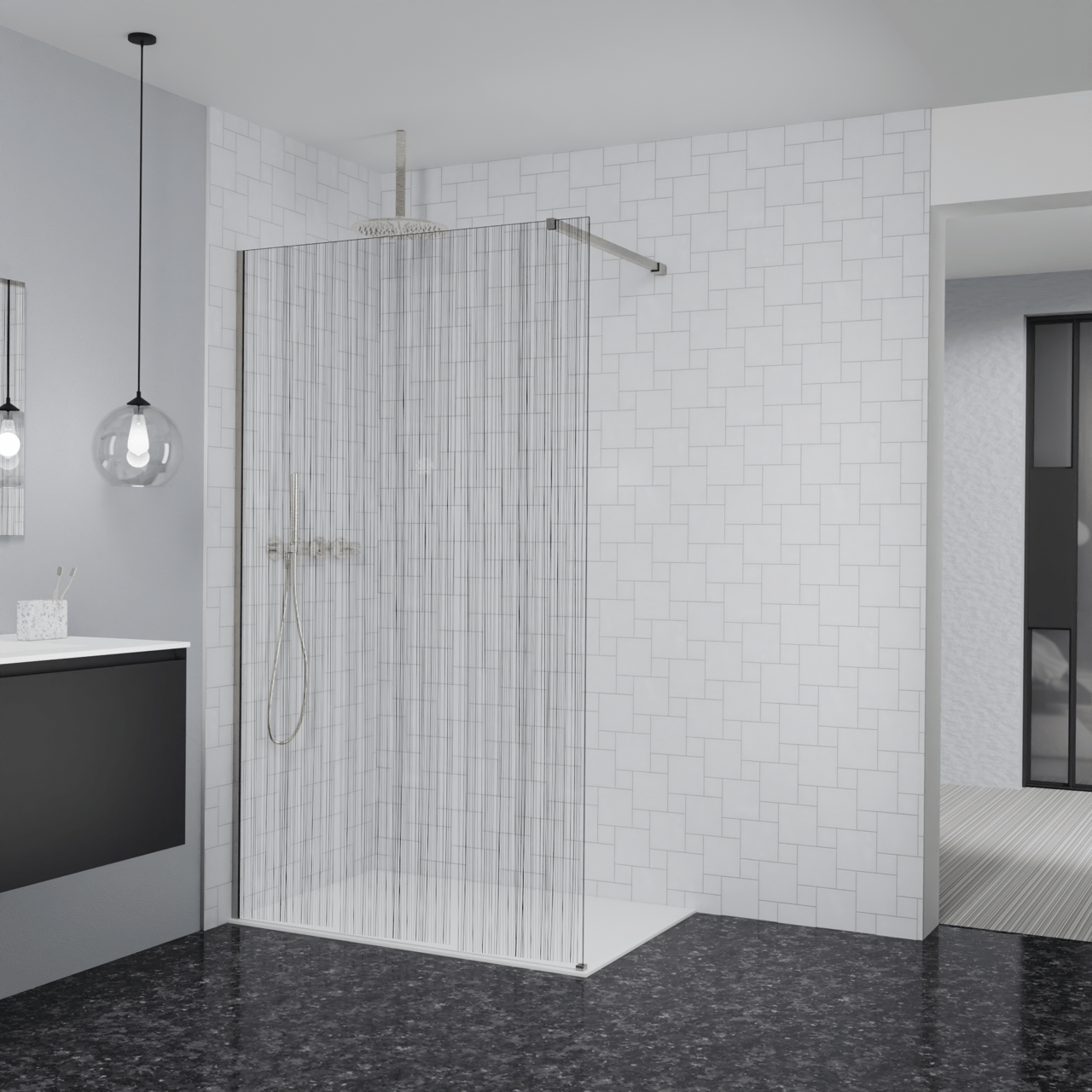 Balmani Modular Walk-In Dusche: 120 x 200 cm, Mikado, inklusive Coating, Profil Brushed CoolMetal