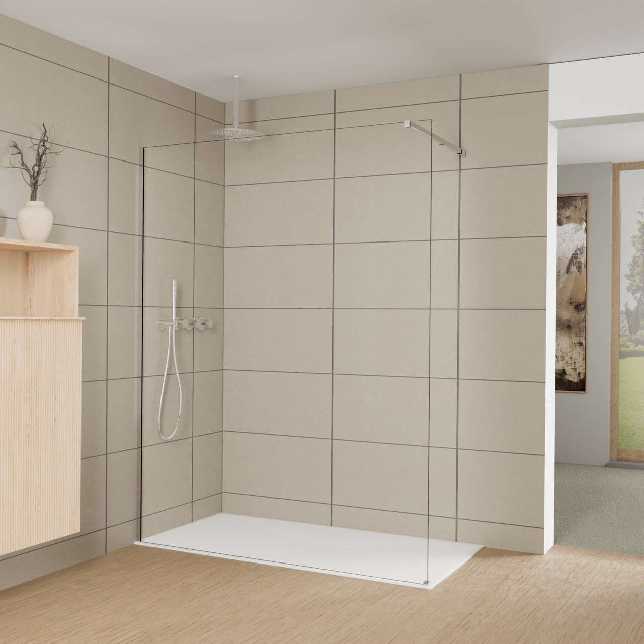 Balmani Modular Walk-In Dusche: 160 x 200 cm, Extra Klarglas, inklusive Coating, Profil Chrom glänzend