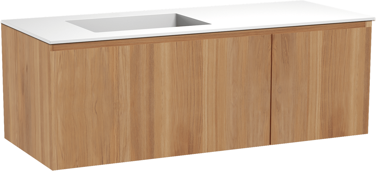 Balmani Idra hängendes Möbelstück Set: 135 x 55 cm, Teak, mit Tablo Stretto Waschtisch links, Solid Surface Weiß matt