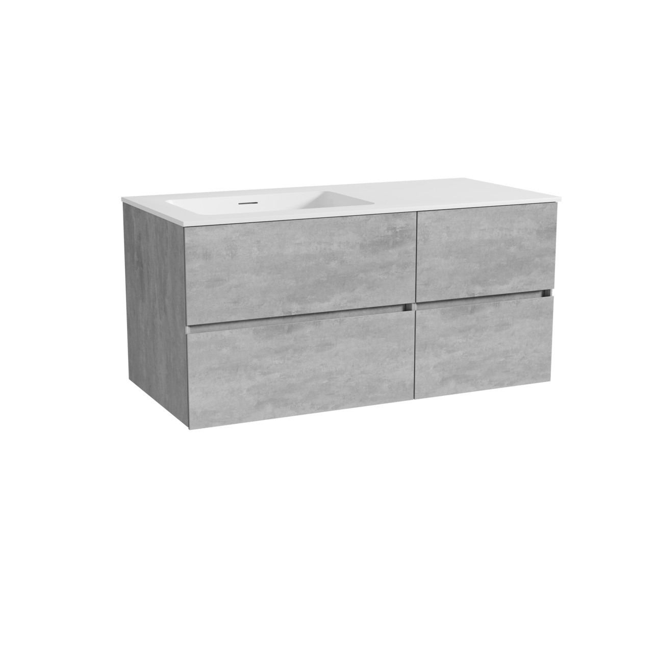 Storke Edge meuble salle de bains suspendu 110 x 52 cm béton gris foncé avec Mata plan vasque asymétrique à gauche en solid surface blanc mat
