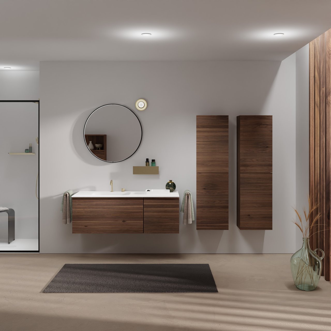 Balmani Forma hängendes Möbelstück Set: 135 x 55 cm, Amerikanischer Nussbaum, mit Tablo Arcato Waschtisch links, Solid Surface, Weiß matt, Horizontale symmetrische gerade Rippe