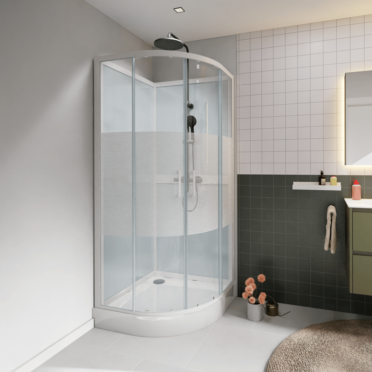 Luca Varess Talan kwartronde complete douchecabine met schuifdeuren 90 x 90 cm helder glas met mat gestreepte strook glans wit profiel