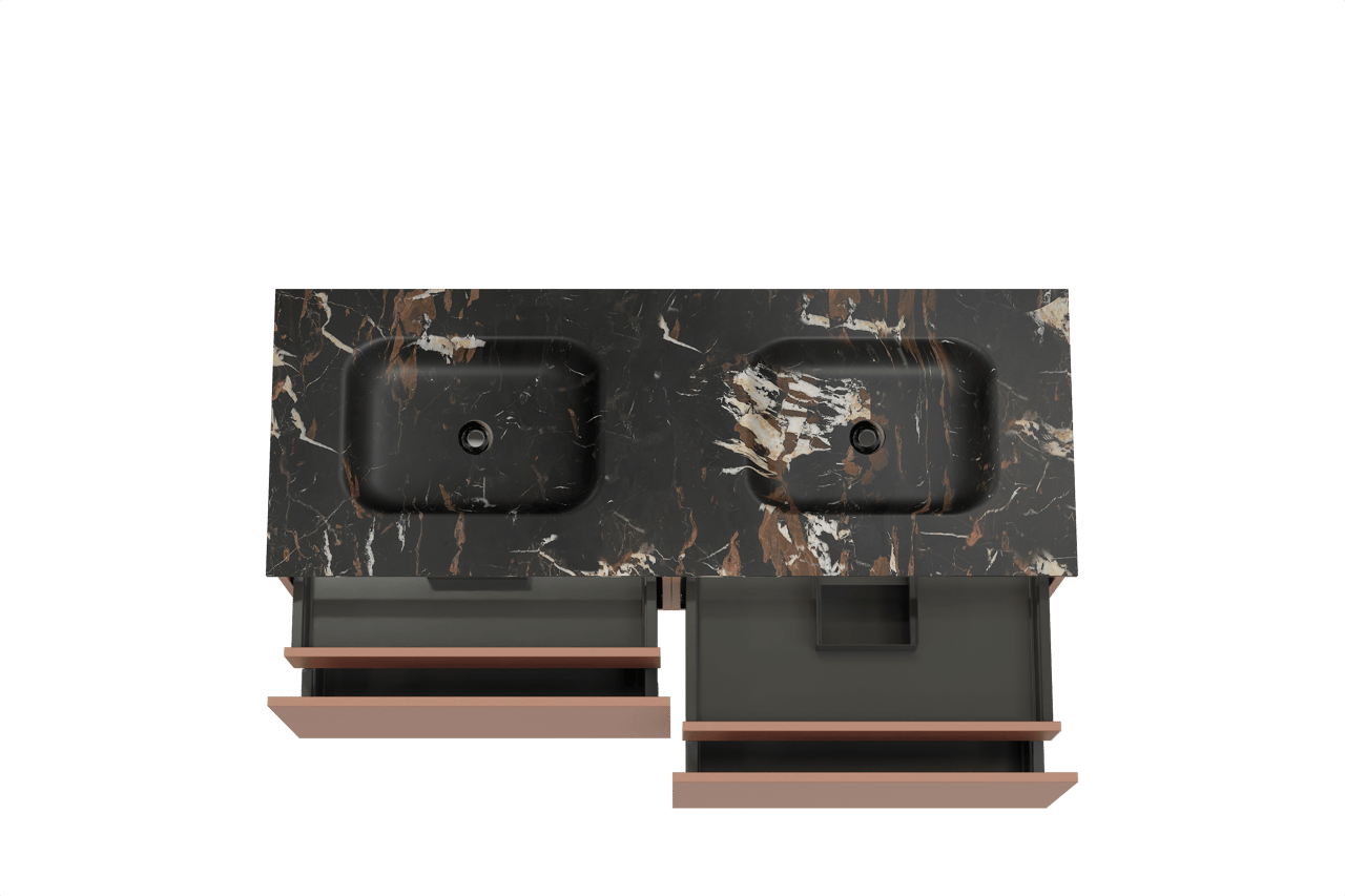 Balmani Sfera hängendes Möbelstück Set: 150 x 55 cm, Cotto, mit Tablo Arcato Doppelwaschtisch, Marmor Portoro Gold