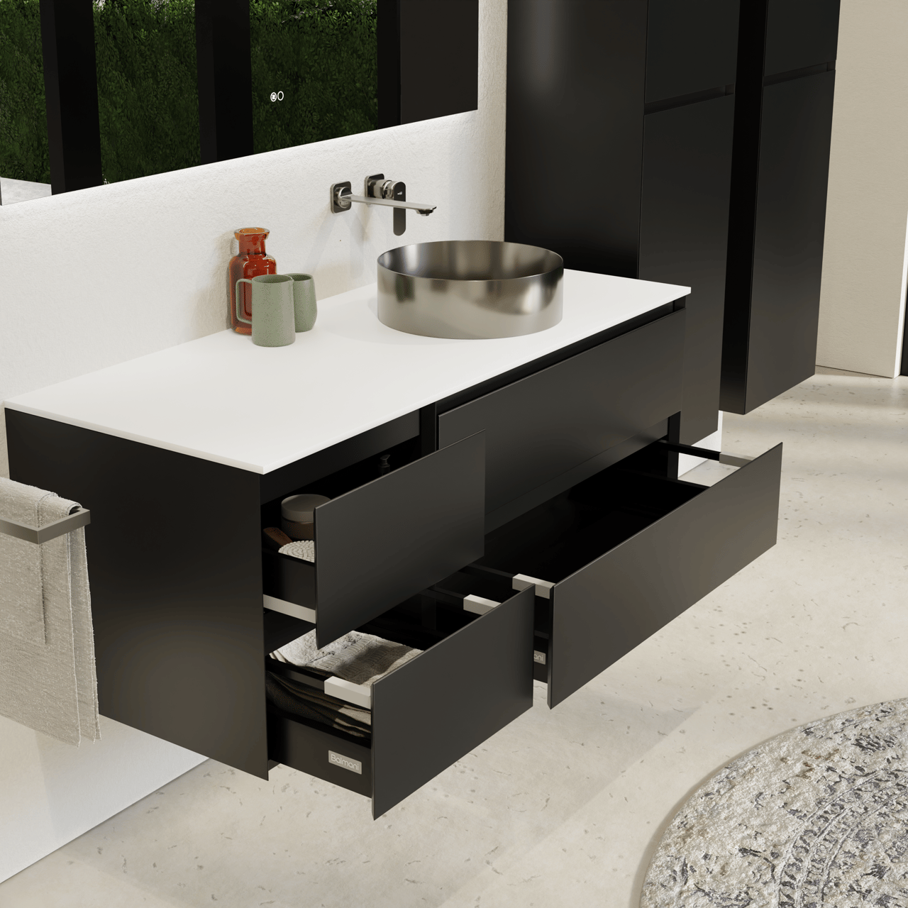 Balmani Mitra meuble salle de bains suspendu 135 x 55 cm noir mat avec Stretto tablette simple ou double en solid surface blanc mat