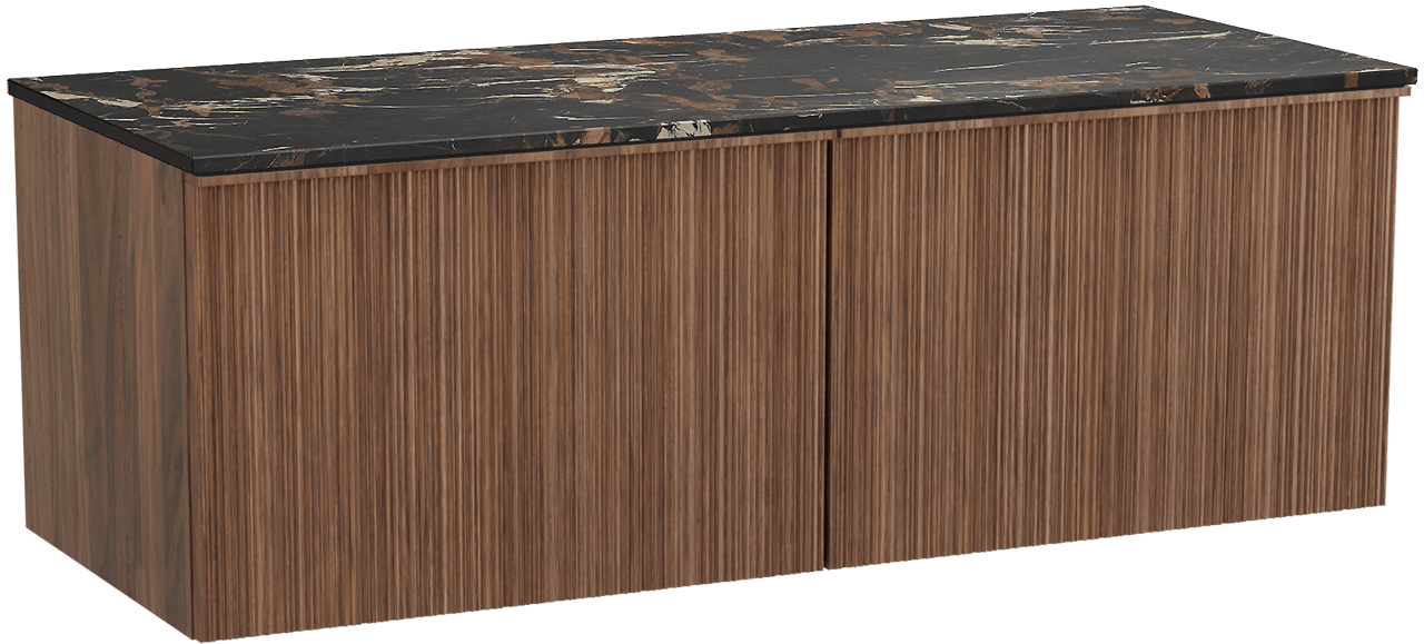 Balmani Forma zwevend badmeubel 135 x 55 cm amerikaans notenhout met Stretto enkel of dubbel wastafelblad in marmer portoro gold, Verticale asymmetrische ronde ribbel