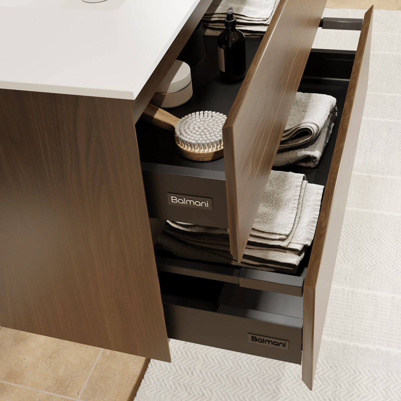 Balmani Mitra meuble salle de bains suspendu 180 x 55 cm noyer américain avec Tablo Stretto double vasque en solid surface blanc mat