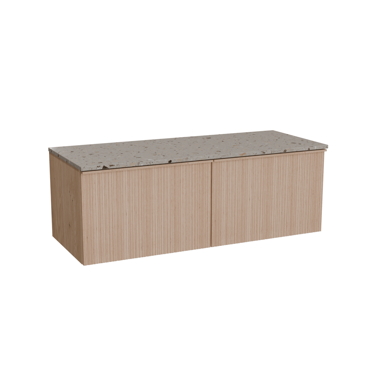 Balmani Forma zwevend badkamermeubel 135 x 55 cm natuur eik met Stretto enkel of dubbel tablet in terrazzo greige terrazzo, Verticale asymmetrische ronde ribbel