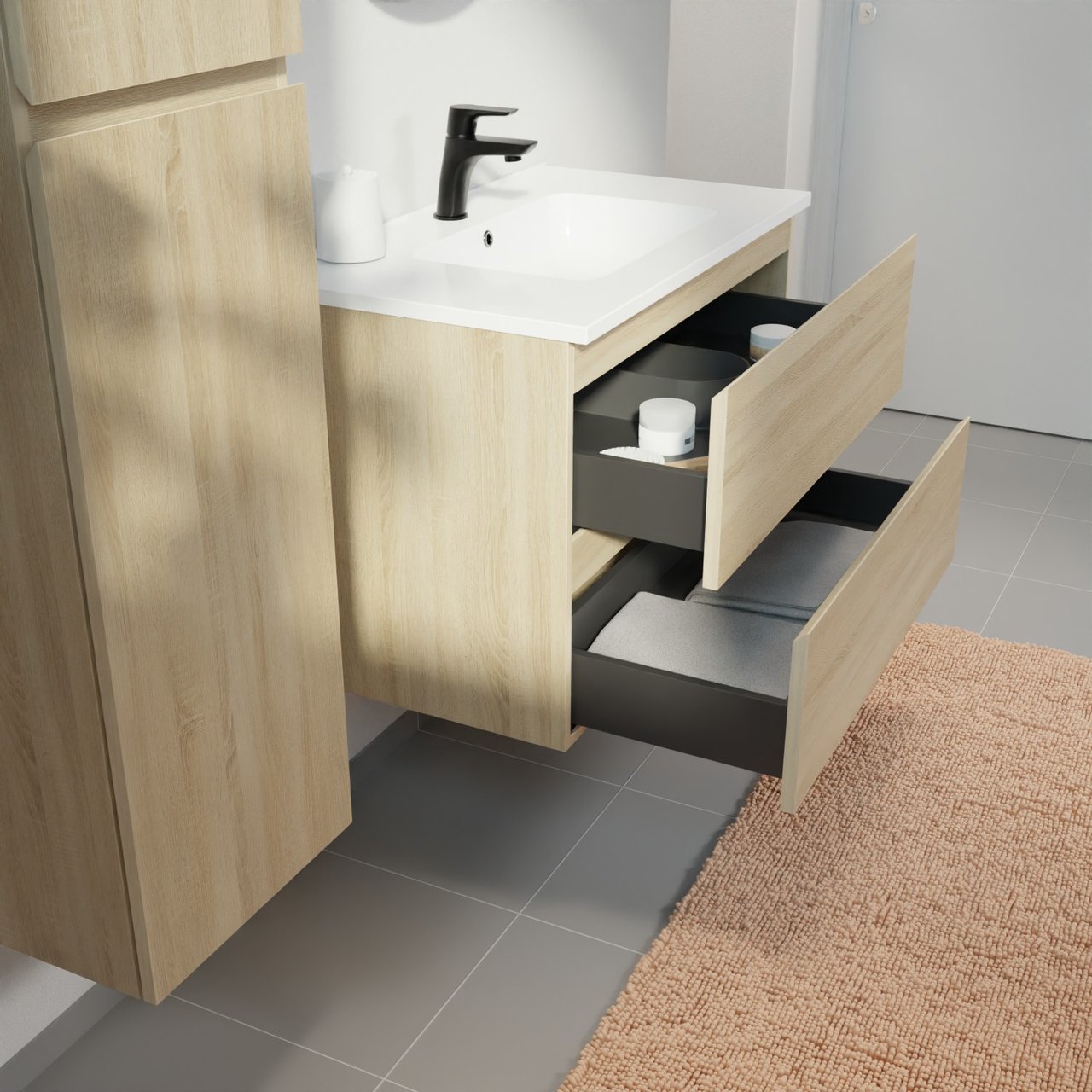 Linie Lado hängendes Möbelstück Set: 80 x 46 cm, Weiße Eiche, mit Vano Einzelwaschtisch, Marmorkomposit Weiß glänzend