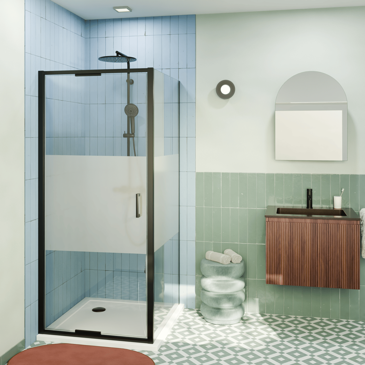 Luca Varess Vidor In Eckdusche: Drehtür und fixierte, Seitenwand, 80 x 80 cm, Klarglas mit mattiertem Streifen, mattschwarzes Profil