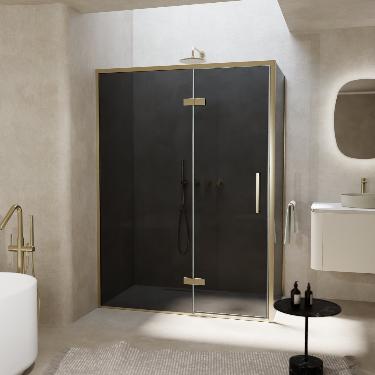 Balmani Senses Design Eckdusche: Drehtür (Links) mit fixierte Seitenwand, 140 x 100 cm, Rauchglas, Profil Brushed Champagner Gold