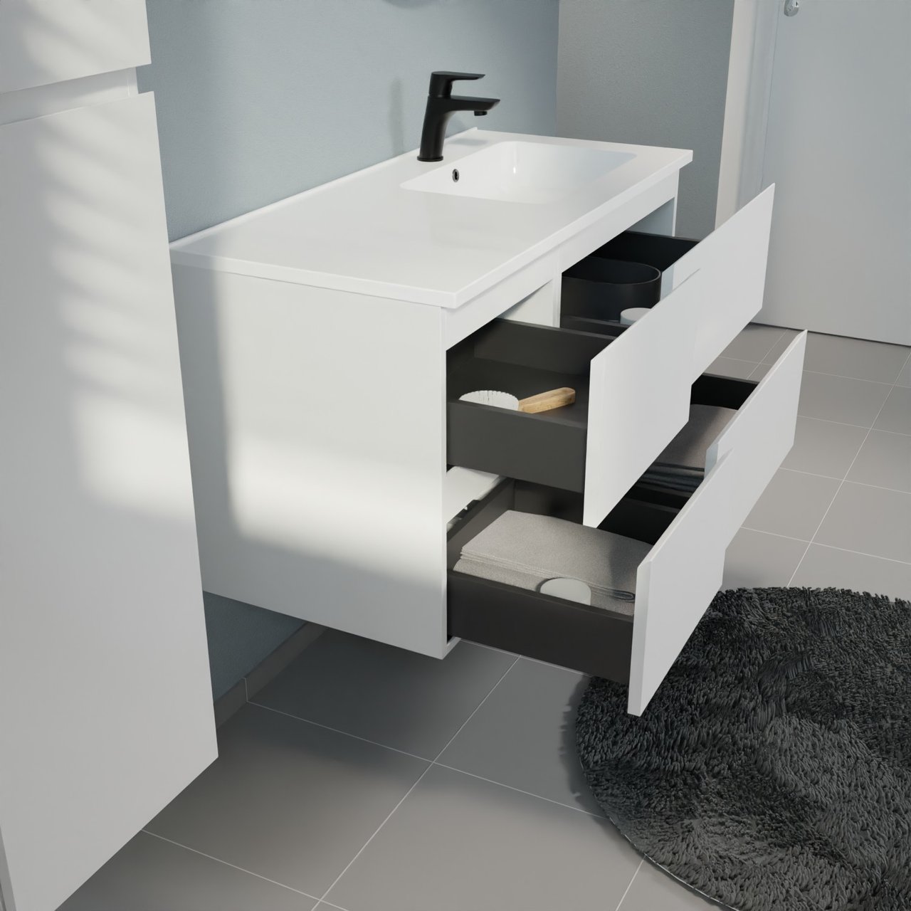 Linie Lado zwevend badkamermeubel 100 x 46 cm mat wit met Vano asymmetrisch rechtse wastafel in composietmarmer glanzend wit