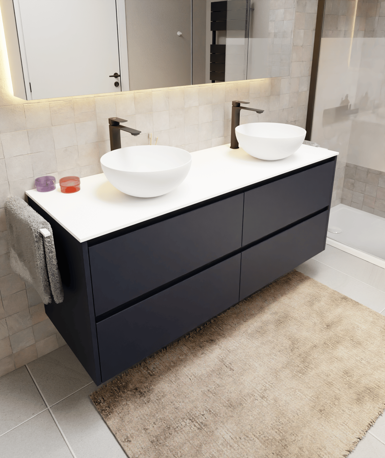 Storke Seda hängender Waschbeckenunterschrank: 150 x 52 cm, Nachtblau, 4 Schubladen