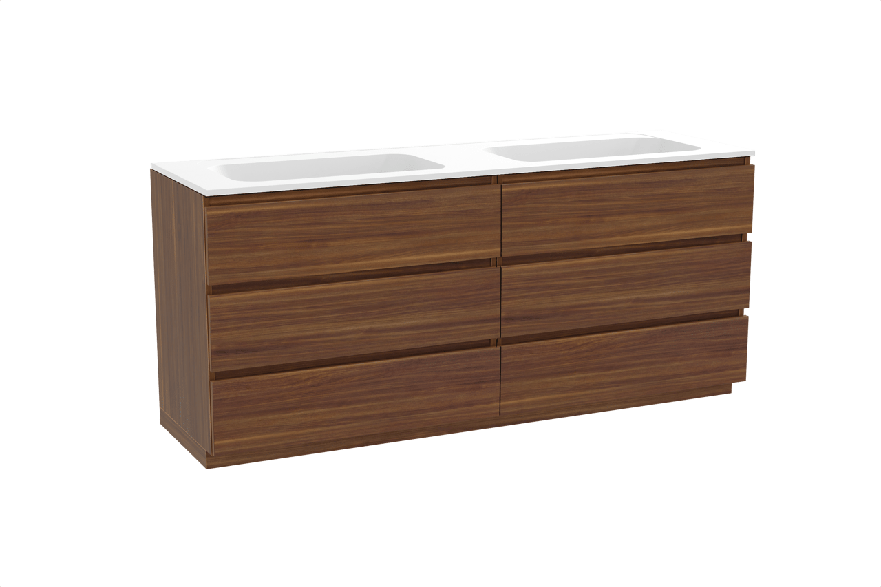 Balmani Lucida freistehendes Möbelstück Set: 180 x 55 cm, Amerikanischer Nussbaum, mit Tablo Strada Doppelwaschtisch, Marmorkomposit Weiß matt