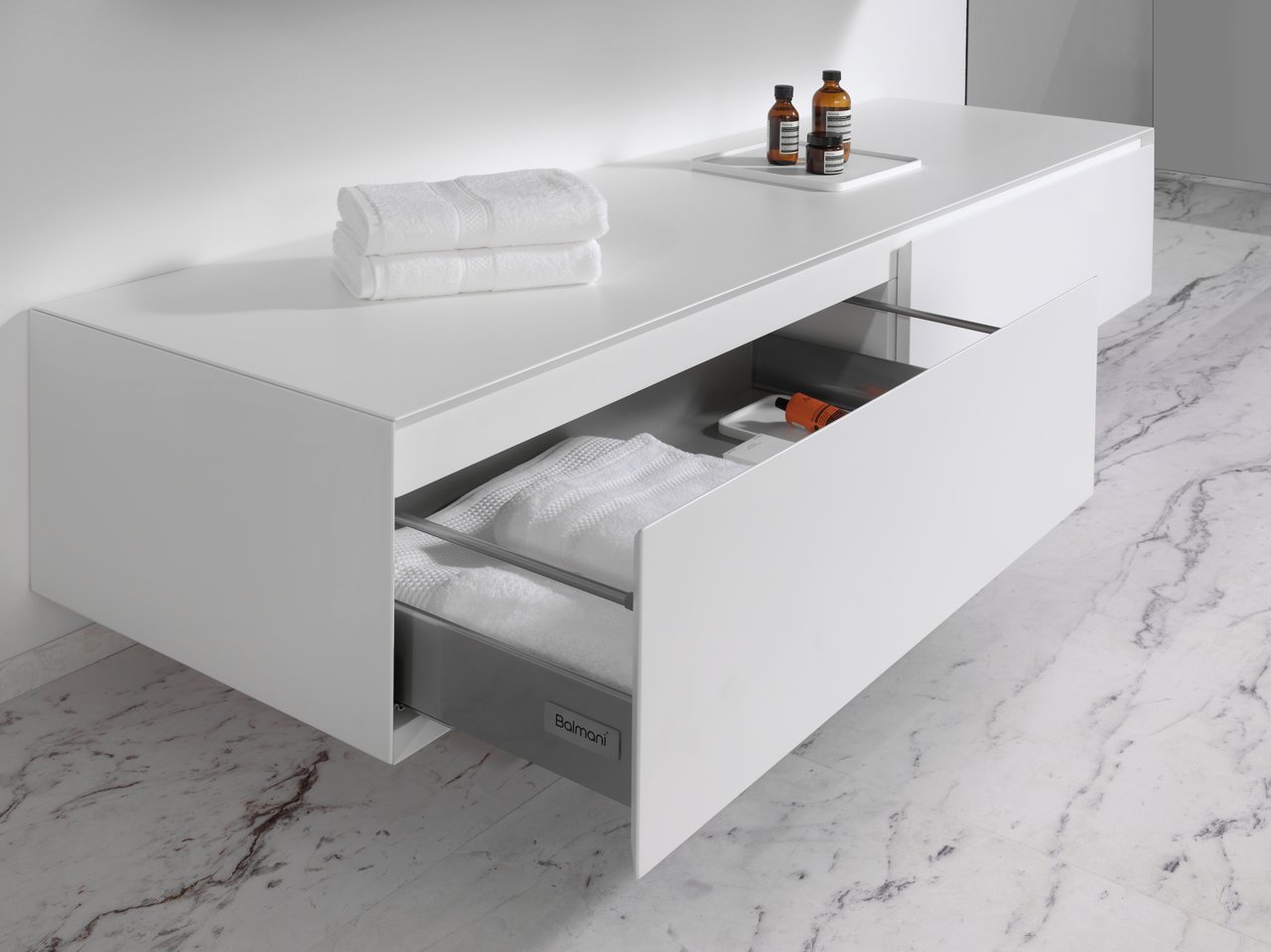 Balmani Mitra Elements hängender Waschbeckenunterschrank: 180 x 50 cm, Weiß matt, 2 Schubladen