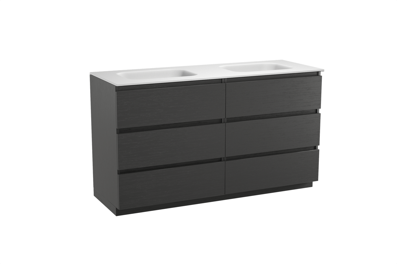 Balmani Lucida staand badkamermeubel 150 x 55 cm zwarte eik met Tablo Arcato dubbele wastafel in solid surface mat wit