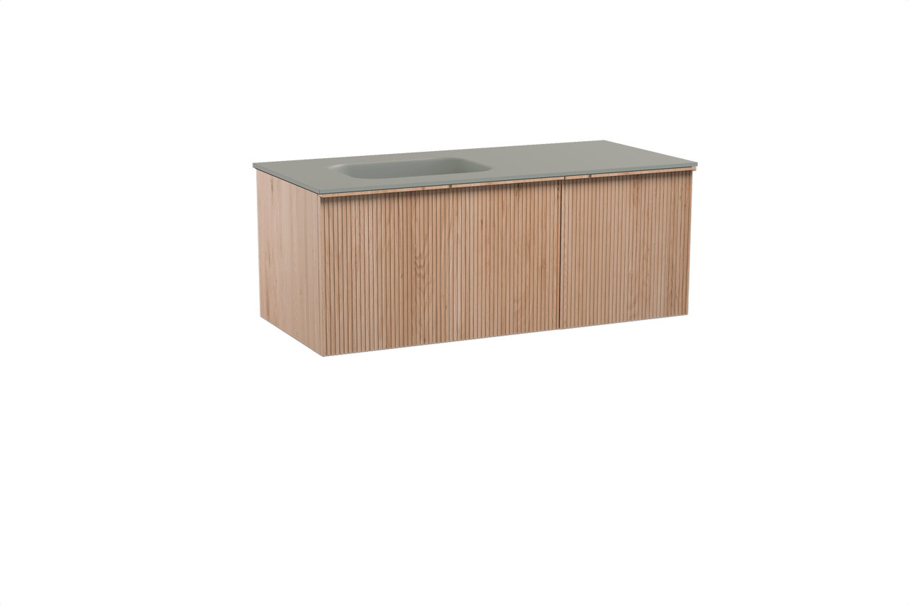 Balmani Forma hängendes Möbelstück Set: 120 x 55 cm, Naturbelassene Eiche, mit Tablo Arcato Waschtisch links, Solid Surface, Steingrau, Vertikale symmetrische gerade Rippe