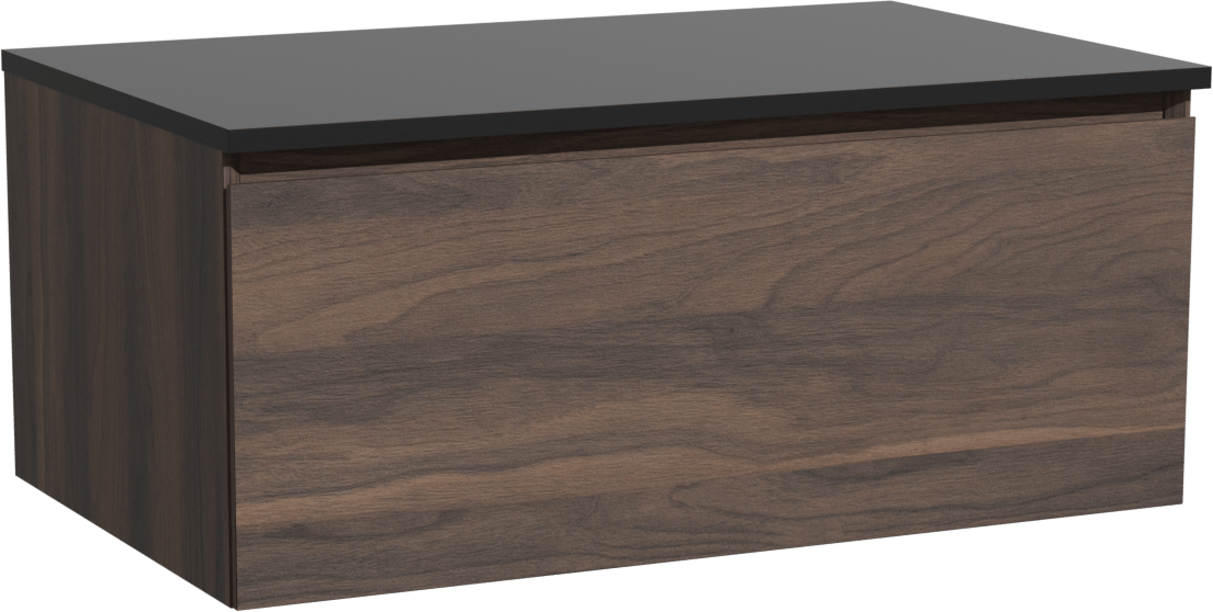 Storke Edge zwevend badmeubel 85 x 52 cm notenhout met Panton enkel wastafelblad in gepoedercoate mdf mat zwart