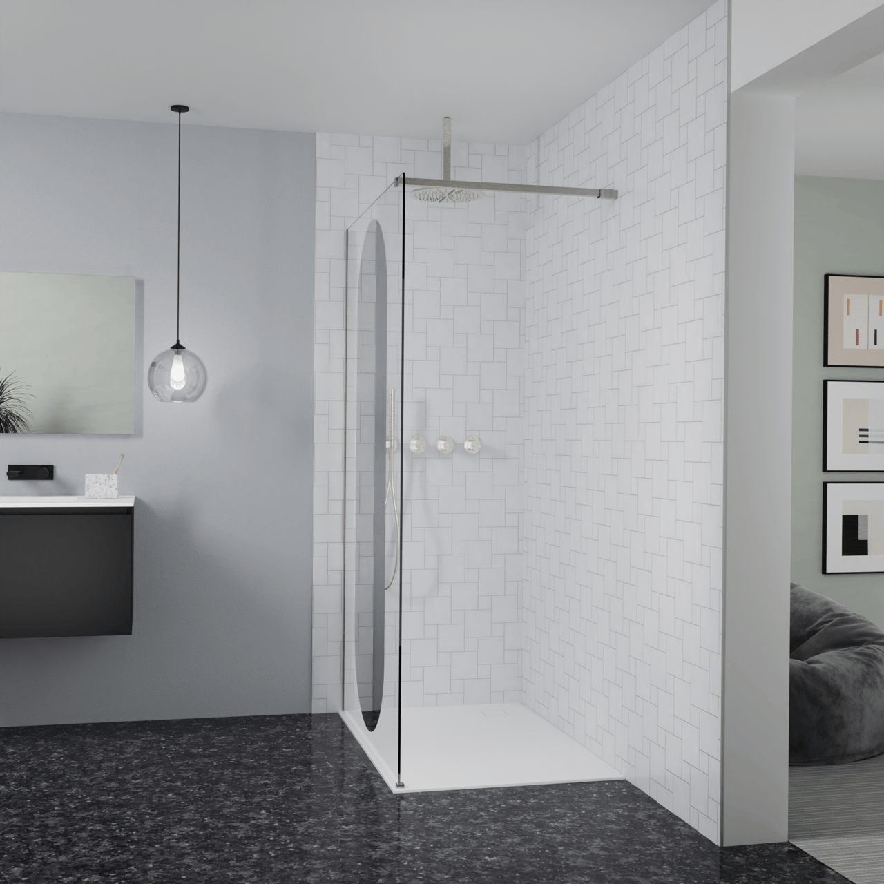 Balmani Modular Walk-In Dusche: 120 x 200 cm, Reflex-Spiegelglas Oval, Profil Brushed CoolMetal
