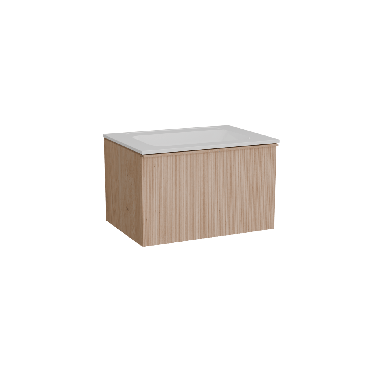 Balmani Forma zwevend badkamermeubel 75 x 55 cm natuur eik met Tablo Strada enkele wastafel in composietmarmer glanzend wit, Verticale asymmetrische ronde ribbel