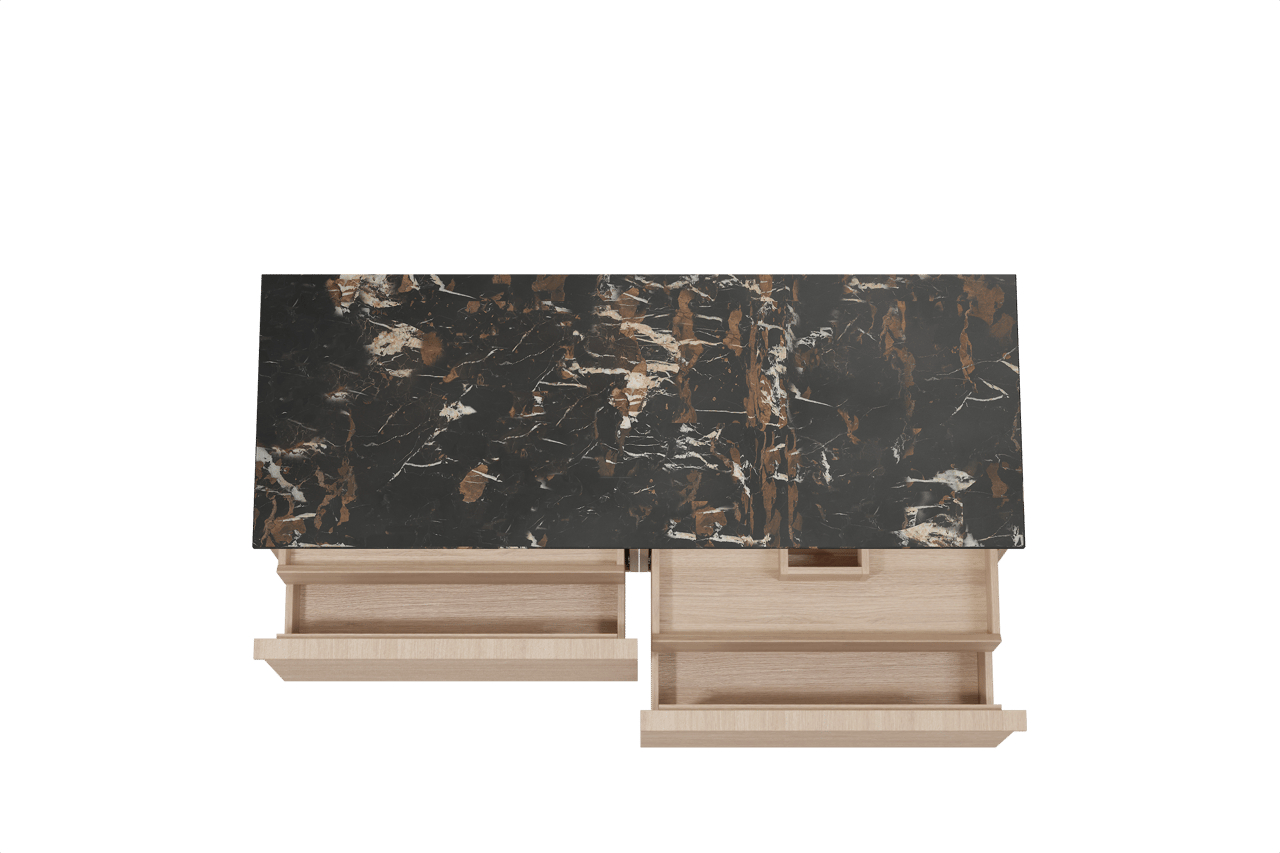 Balmani Forma zwevend badkamermeubel 150 x 55 cm natuur eik met Stretto enkel of dubbel tablet in marmer portoro gold, Horizontale symmetrische rechte ribbel