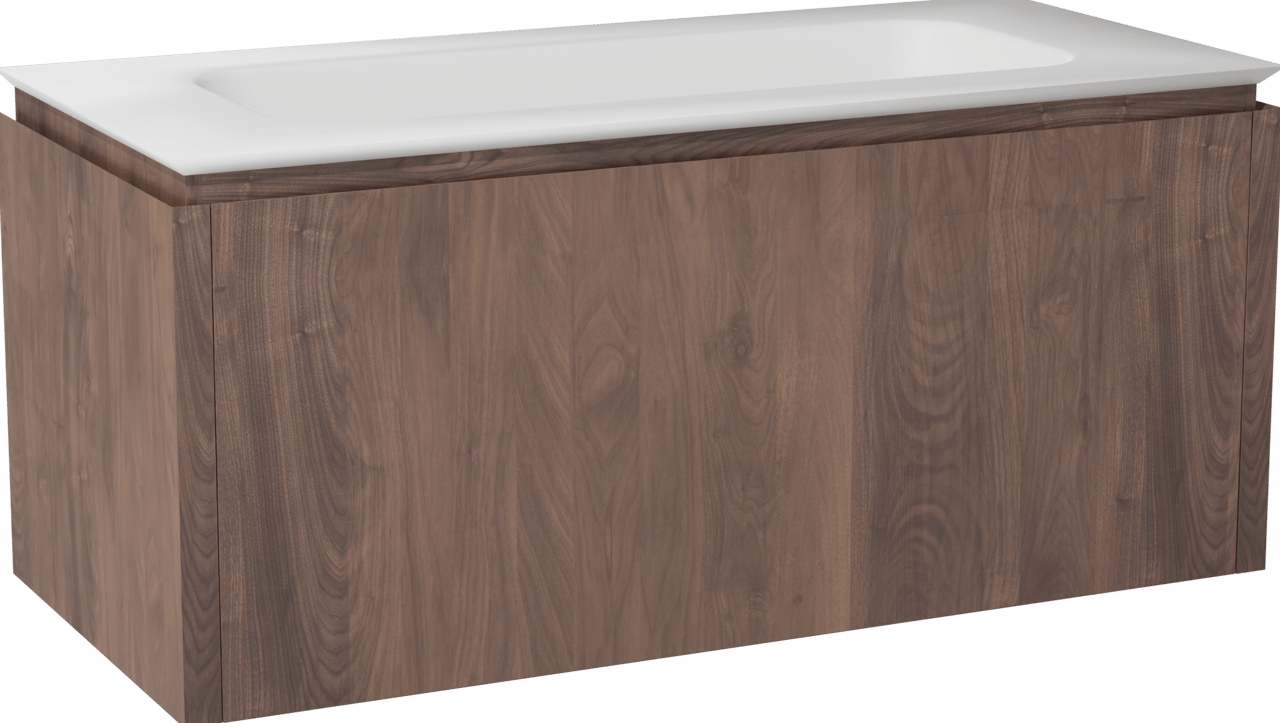 Balmani Eclips zwevend badkamermeubel 120 x 55 cm Amerikaanse notelaar met Eclips enkele wastafel in Solid Surface mat wit