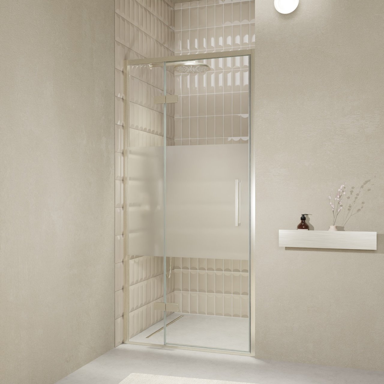 Balmani Senses Design douche draaideur links 100 cm x 210 cm Helder glas met matte strook, Brushed CoolMetal profielen