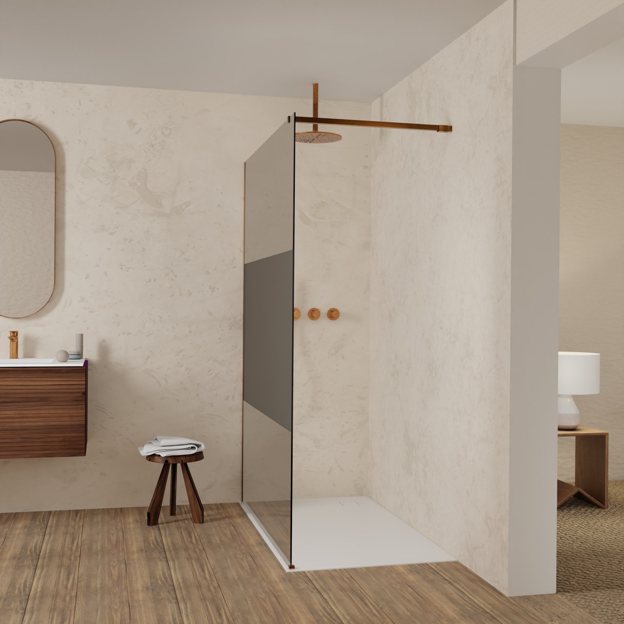 Balmani Modular inloopdouche: 140 x 200 cm, Rookglas met matte strook, Brushed Rosegold profielen