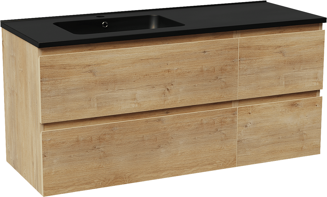 Linie Lado hängendes Möbelstück Set: 120 x 46 cm, Naturbelassene Eiche, mit Vano Waschtisch links, Marmorkomposit Schwarz matt