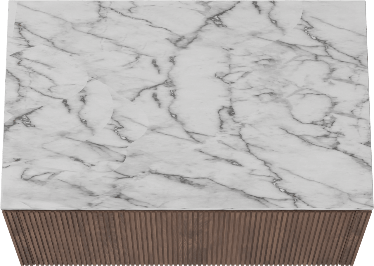 Balmani Eclips zwevend badkamermeubel 90 x 55 cm Amerikaanse notelaar met Stretto enkel tablet in Carrara marmer, Verticale symmetrische rechte ribbel