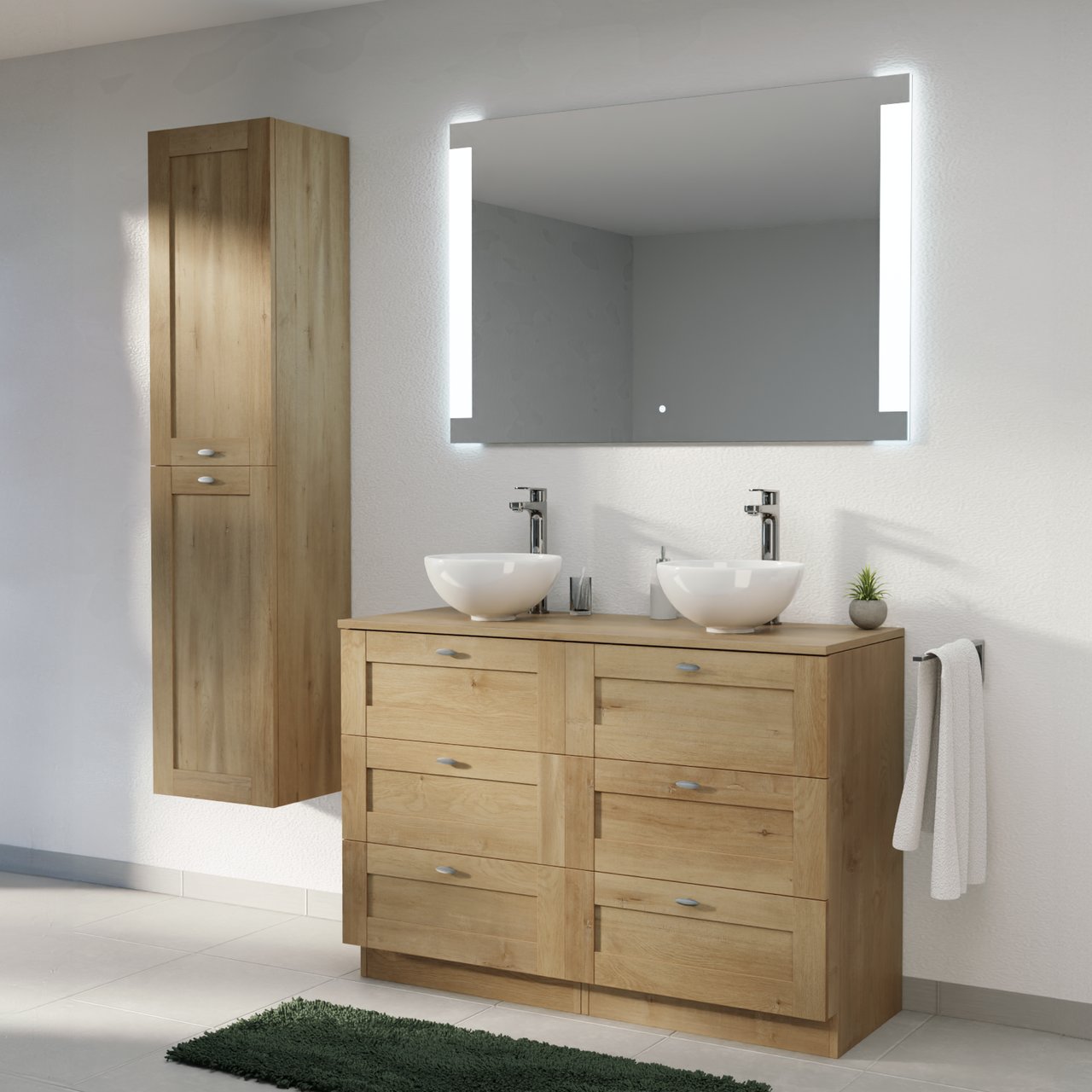 Linie Classo staand badmeubel 120 x 46 cm naturel eiken met Lado enkel of dubbel wastafelblad in melamine naturel eiken