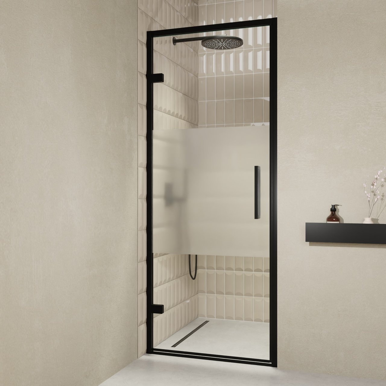 Balmani Senses Design porte pivotante à gauche 90 cm x 210 cm verre transparent avec bande matte, Profil noir, coating inclus