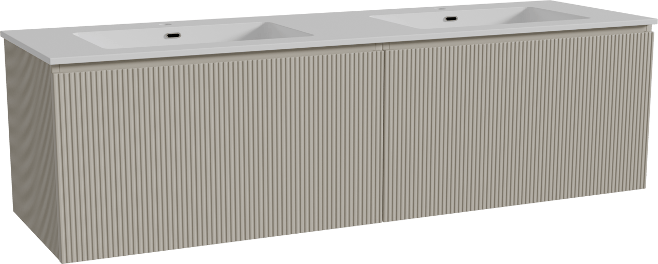Storke Ribs zwevend badmeubel 170 x 52 cm zijdegrijs met Diva dubbele wastafel in composietmarmer hoogglans wit, Verticale symmetrische rechte ribbel