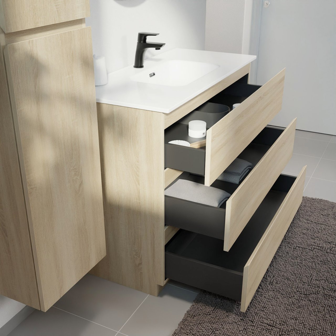 Linie Lado staand badmeubel 100 x 46 cm wit eiken met Baro enkele wastafel in porselein hoogglans wit